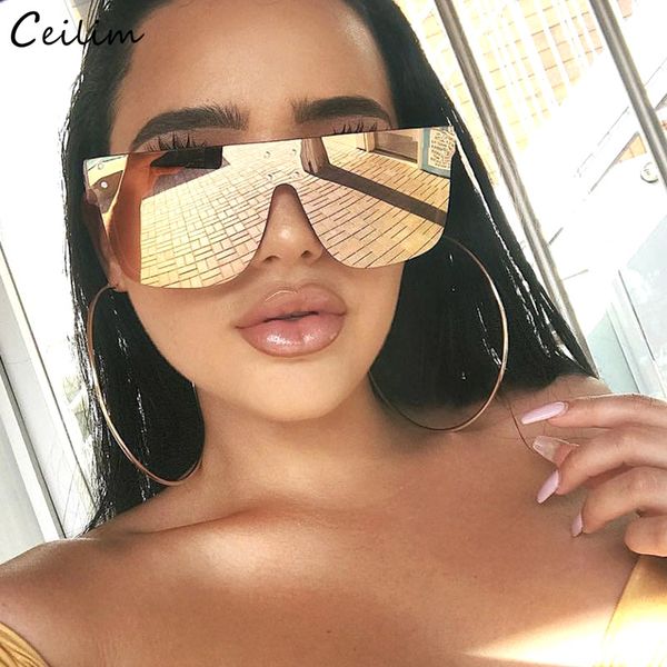 

sunglasses fashion mirror women brand designer oversized rivet flat sun glasses 2021 one piece big frame pink shades, White;black