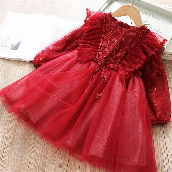

christmas girls dress for kids winter long sleeve flower princess lace dress new year party costume children wedding clothing 8t, Red;yellow