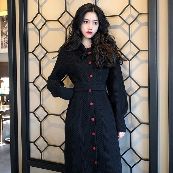 

casual dresses 2021 autumn winter korean women's temperament retro waist mid-length over-the-knee sweater knitted dress spring m674, Black;gray