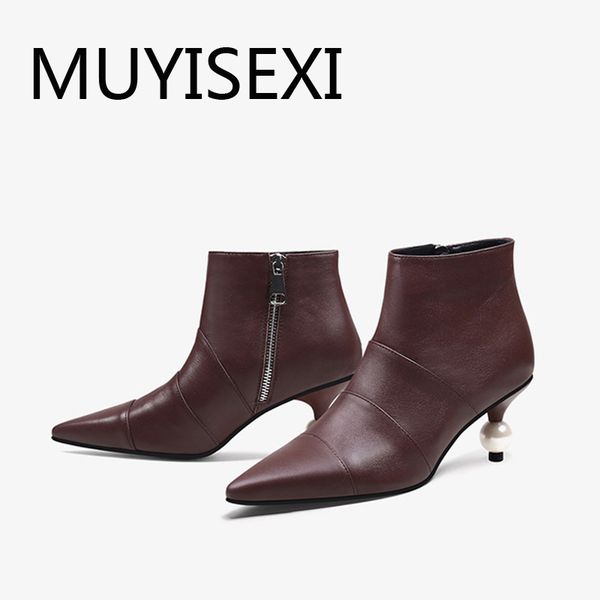

fashion design 6.5cm thin pearl high heel genuine leather pointed toe side zipper work office lady ankle boots hl289 muyisexi, Black