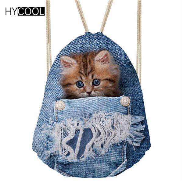 

hycool sport bag gym sack blue denim cute animal cat printing drawsting backpack for children boys girls women fitness bags 2020