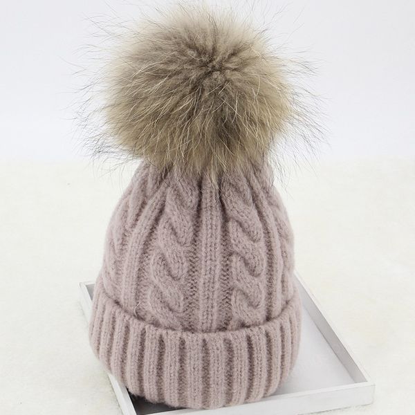 New Outono Inverno Mulheres real Raccoon Fur Pompom Gorro Senhora meninas ao ar livre quente grossa Pai Criança Bebê Skullies Gorros Hat