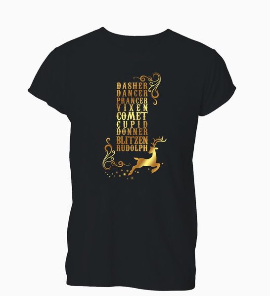 

2018 fashion men harajuku funny men tee shirts reindeer names rudolph christmas festive xmas metal t shirt