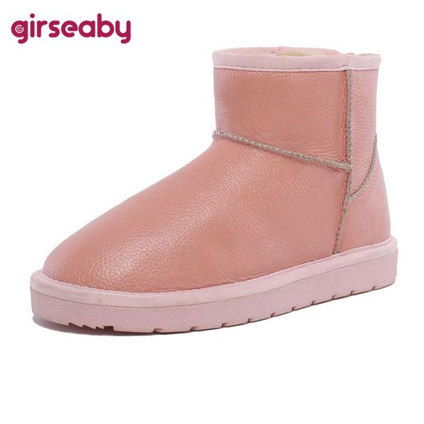 

girseaby round toe platform faux leather snow boots warm plush mid-calf flat with solid slip on black pink gray beige size 28-44