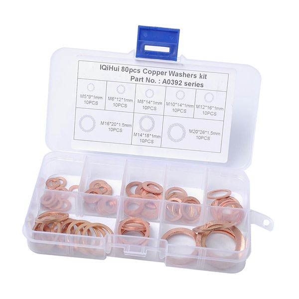 

80 pieces 8 sizes copper washers flat ring sealing fitting washers gasket