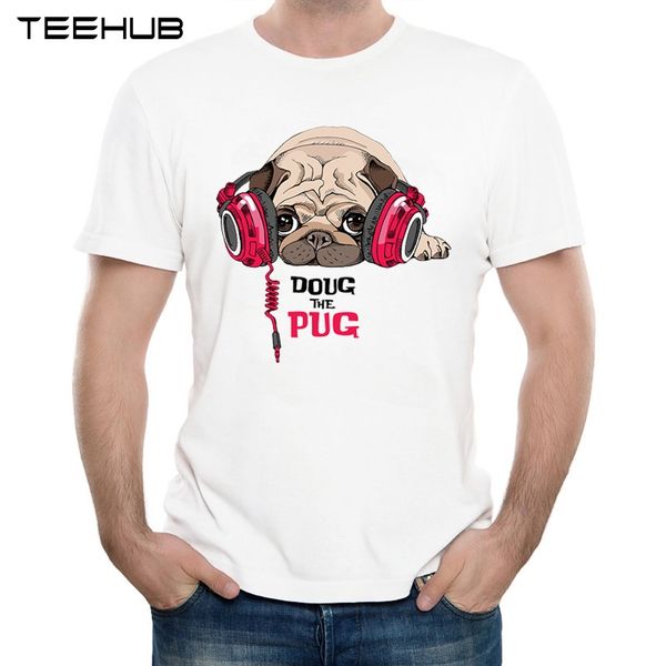

2019 men's new fashion funny music pug puppy in a headphonesprinted short sleeve t-shirt summer cool soft tee