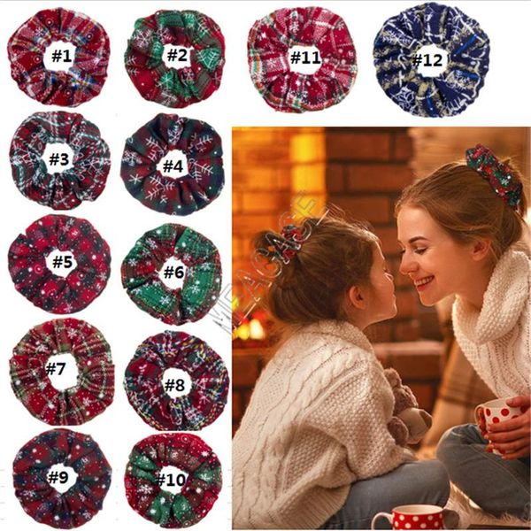 

christmas scrunchies elastic hair bands xmas snow elastic ring hair ties plaid cloth ponytail holder ladies girl hairbands ornaments d91504, Slivery;white