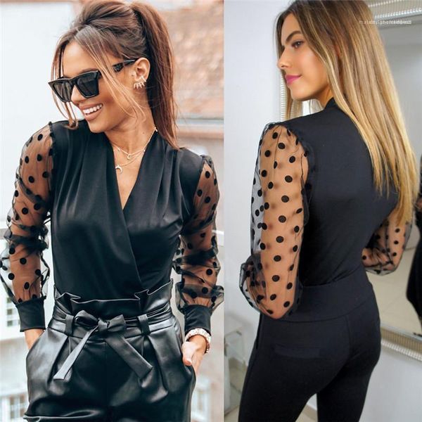 

pullover sweater blouse casual jumper tee fashion women blouse ladies mesh puff sleeve dot shirt, White