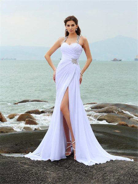 

halter chiffon beach wedding dresses 2021 new selling custom court train luxury beads crystals high split mermaid bridal gowns, White