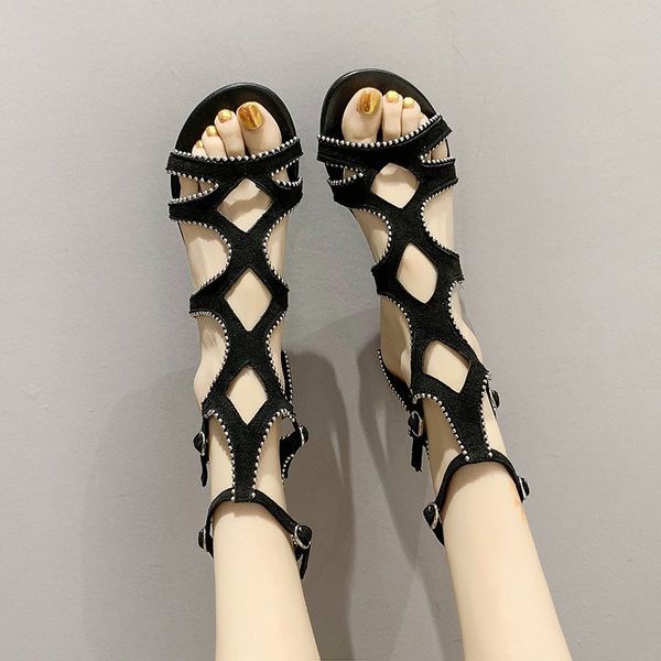

summer mesh peep toe high gang crystal sandals single shoes women shoes in europe and america 2020 spring and summer mujer, Black