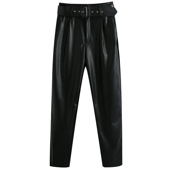 

women's pants & capris hadara casual loose full length women fashion tie belt waist trousers elegant pu leather female ladies iq, Black;white