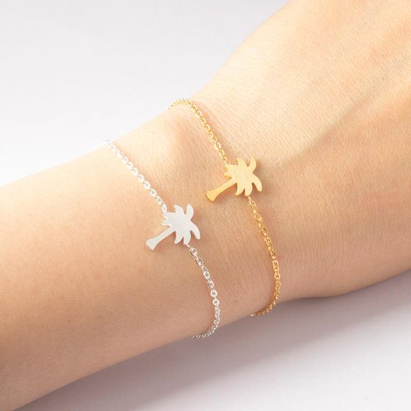 

link, chain gold color charm palm tree bracelet for women men hawaii beach jewelry stainless steel coconut friendship femme gifts, Black