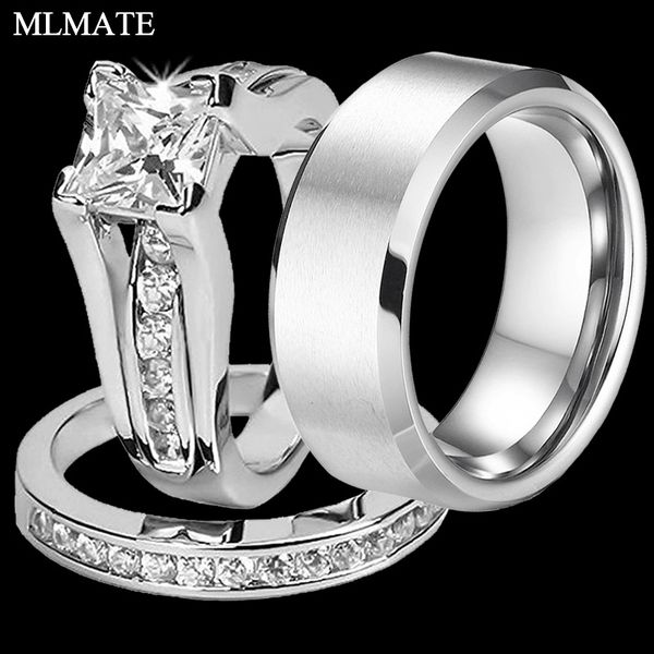 

princess cut cubic zirconia couples rings stainless steel wedding ring set for women and men party jewelry wholesale, Golden;silver