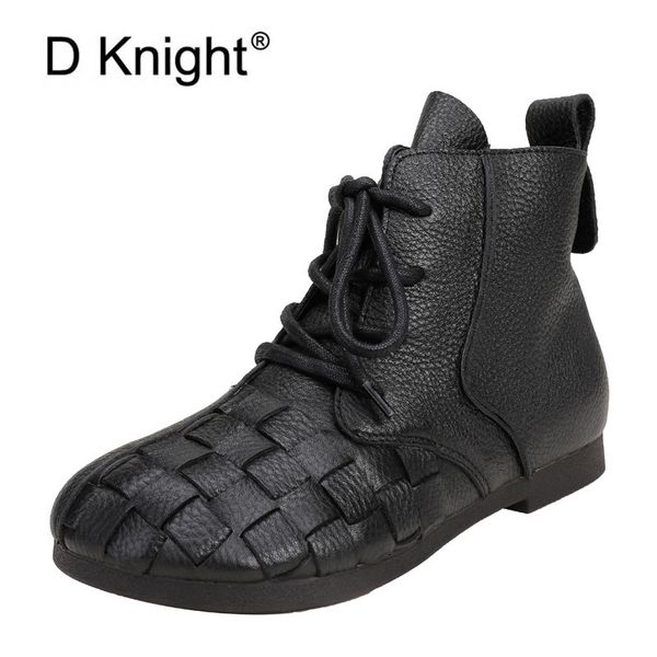 

classic genuine leather ankle boots women new fashion flats autumn lace up high casual waterproof shoes female western boots, Black
