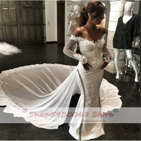 

Mermaid Wedding Dress long sleeve v-neck Vestidos De Novia Appliques Long Train Wedding gown Robe De Mariage Custom Made 2021, Ivory