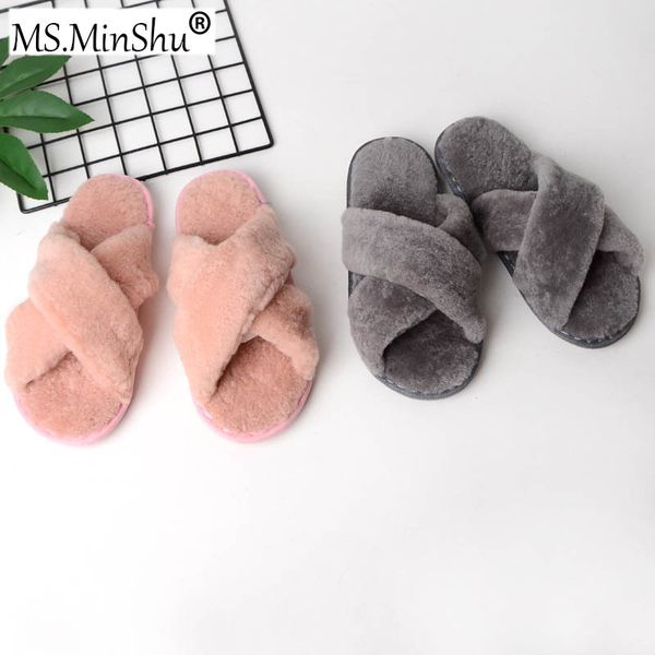 

ms.minshu women slipper sheepskin warm winter slipper girls home soft sheep fur sandals indoor, Blue;gray