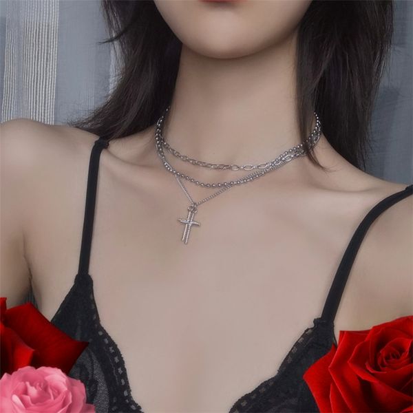 

hz 2020 hip hop multi-layer double cross vintage pendant metal long chain necklace for women men gothic gifts, Silver