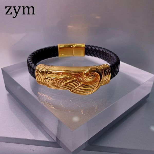 

charm bracelets zym brand stainless steel feather bracelet leather punk style fashion retro men's rope, Golden;silver