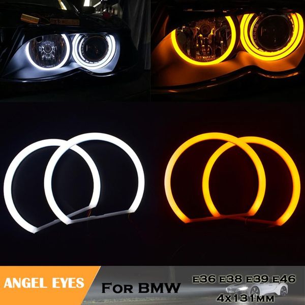 

car styling dual color white yellow led angel eyes halo rings for e36 e38 e39 e46 projector 4x131mm auto headlights