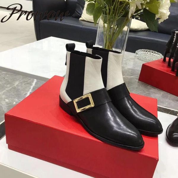 

prowow new black genuine leather buckle deco slip on ankle boots pointed toe thick heel low heel boots