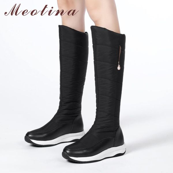 

annymoli real leather platform mid heel knee high boots fur snow boots women shoes peral wedge heels long winter white 44, Black