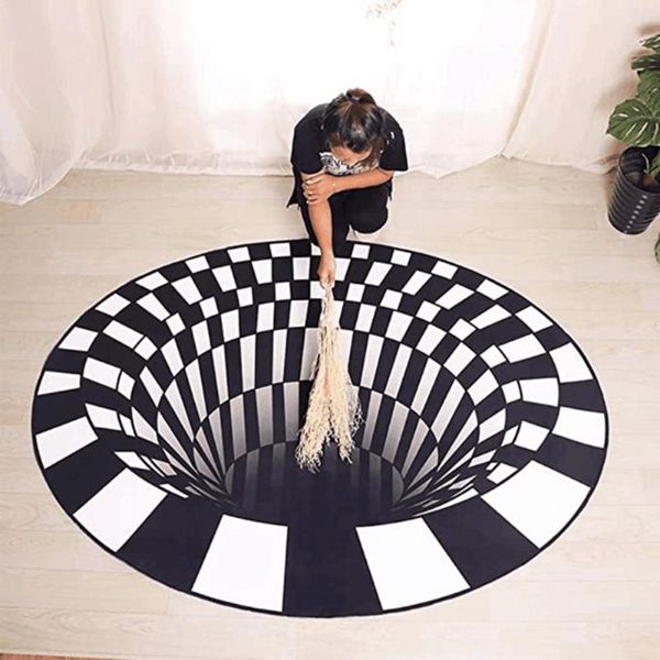 

home decoration living room hallway rugs black white grid print 3d illusion vortex bottomless hole floor carpet antiskid mat