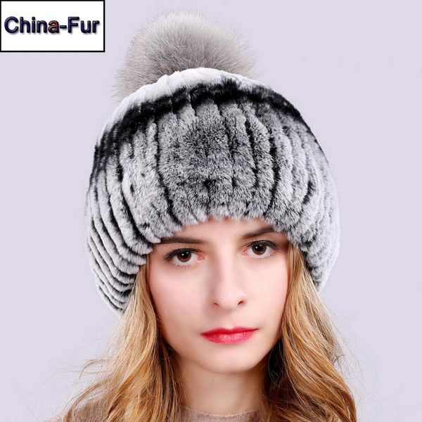 

beanie/skull caps winter russian natural rex fur hat women good elasitc warm handmade knitted real hats pompoms beanies cap, Blue;gray