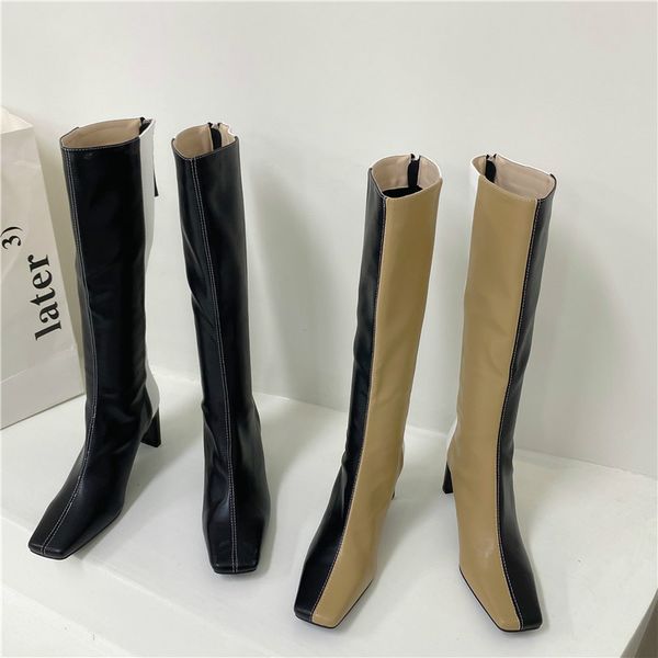 

dxfan mixed colors long riding boots women thick high heel knee boots women back zipper square toe designer shoes, Black