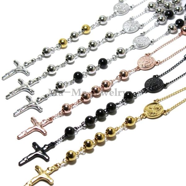 

4/6/8mm 316l stainless steel rosary chain beads men's women's cross chain necklace, Silver