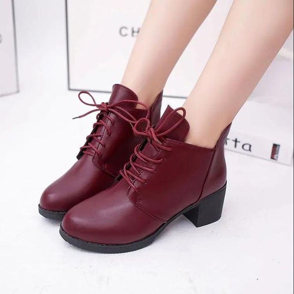 

fashion wine red leather mid heel boots lace up thicks heel woman's ankle boots bottom winter australia lady shoes plus size 40, Black