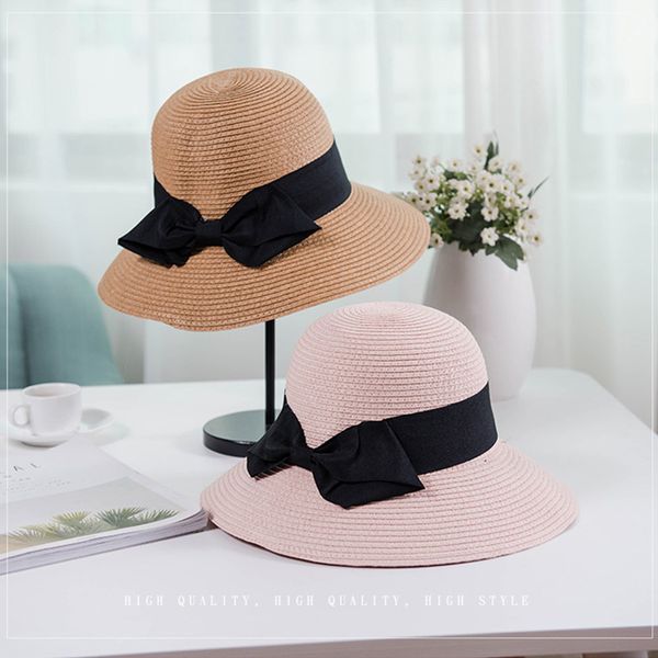 

stingy brim hats flyber elegant female fedora bow-knot straw solid lady hat wide outdoor sun chapeau pink white, Blue;gray