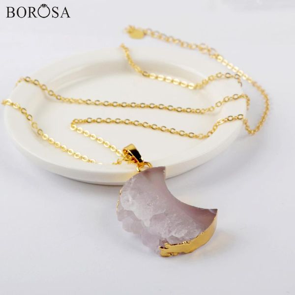 

borosa fashion 18'' crescent natural agates slice pendant necklace moon gold druzy necklace for women pendant g1963-n, Silver
