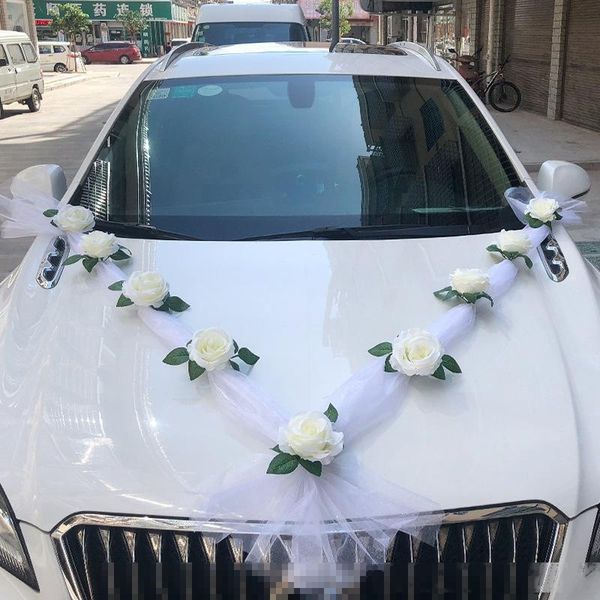 

white rose artificial flower for wedding car decoration bridal car decorations door handle ribbons silk flower t200103
