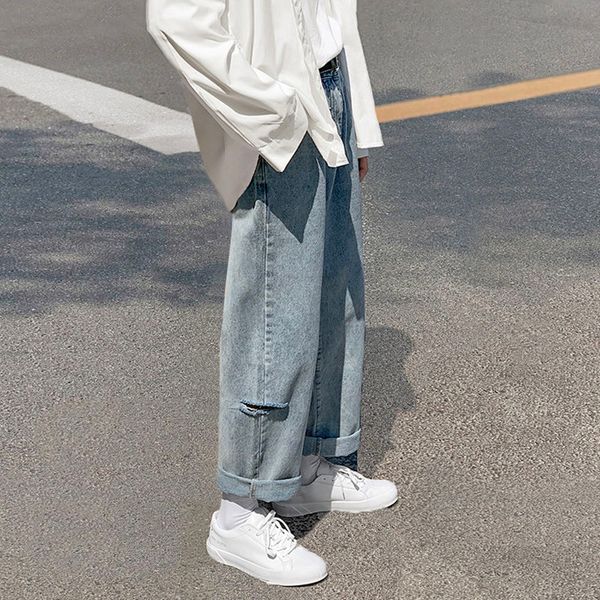 

men's jeans 2021 autumn loose straight side holes pants ankle length solid color casual ripped -3xl, Blue