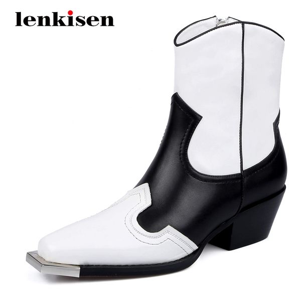 

lenkisen western boots natural leather mixed colors square toe thick med heel zipper beauty lady dating maiden ankle boots l11, Black