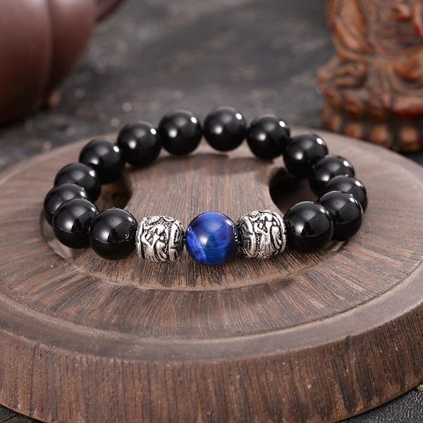 

retro two dragons playing blue tiger-eye 12 mm stones obsidian bracelets men powerful energy bracelets, Black