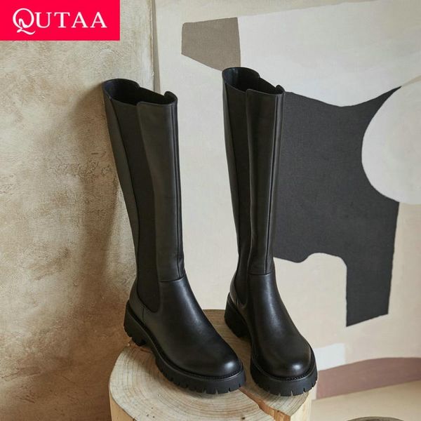 

qutaa 2021 square heel casual round toe knee high women boots quality cow leather pu autumn winter slip on women shoes size34-40, Black