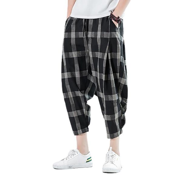 

new fashion men's loose black red plaid beam pants cotton linen wide leg pants cropped trousers long casual pant outdoor