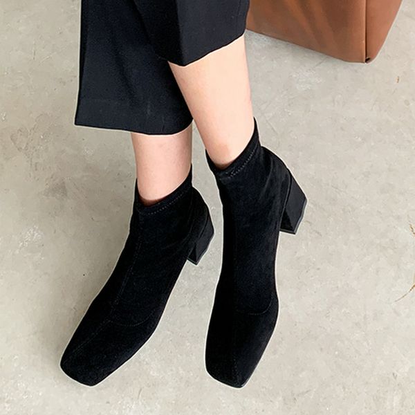 

eshtonshero ankle boots women shoes winter square high heels slip on leather +pu flock square toe casual women boots size 3-8, Black