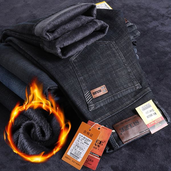 

men's jeans autumn and winter plus velvet thick loose straight leg business casual pants warm black trousers middle-aged outfit, Blue