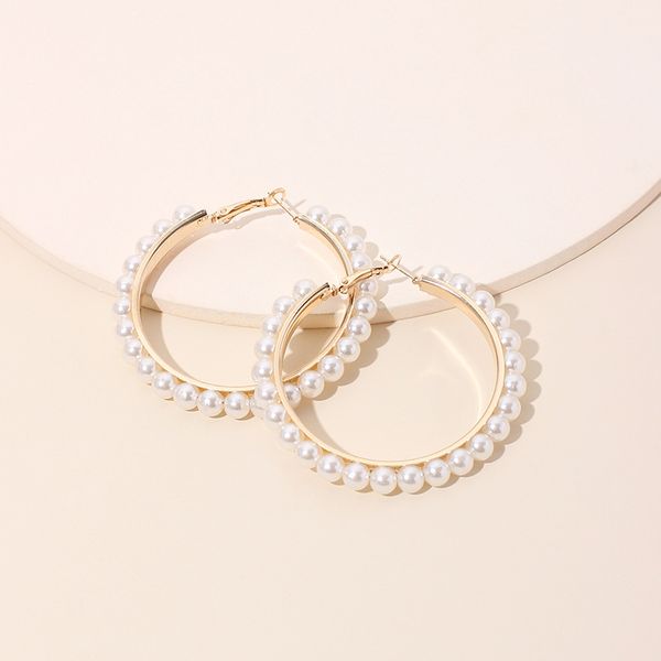 

new simple korean gold pearl colorful beads big circle hoop earrings for women unique statement big earrings fashion brincos, Golden;silver