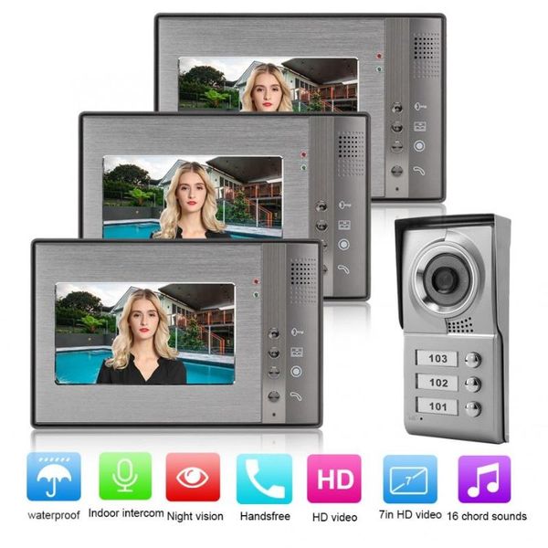 

doorbells 3 apartment units 7in video door phone intercom doorbell ir camera entry system