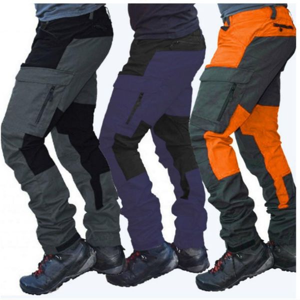 

men's pants casual men fashion color block multi pockets sports long cargo work trousers for, Black
