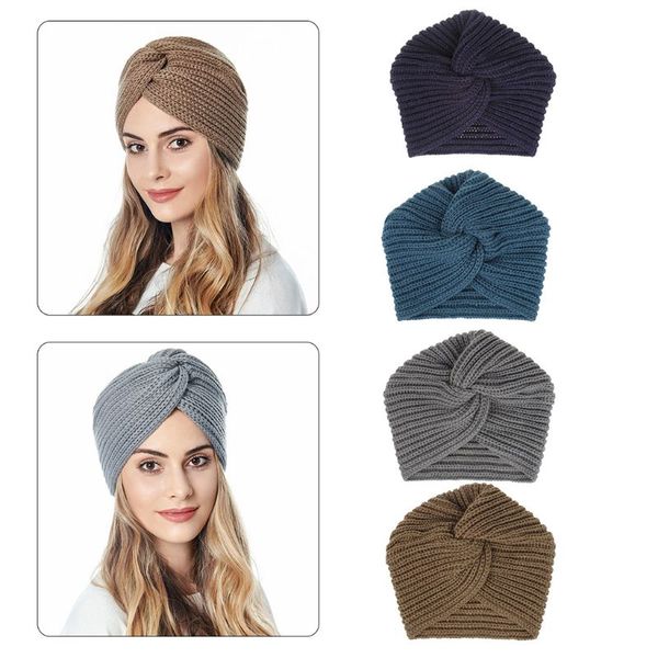

women muslim winter crochet knitted turban beanie hat twist cross knotted solid color casual warm chunky skull cap wrap, Blue;gray