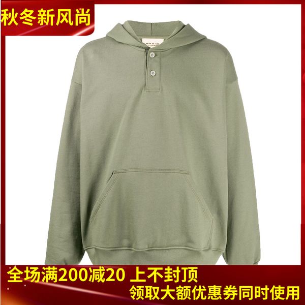 

trendy fear of god fog season 6th main line henry collar button olive green sweater army green hoodie, White;black