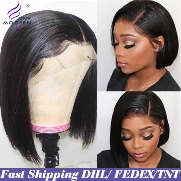 

lace wigs modern show hair peruvain remy straight 13x4 front short bob wig human 150%perruque natural color, Black;brown