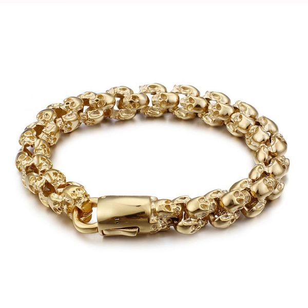 

hiphop rocker jewelry skull men bracelet man gold shiny stainless steel men's biker skeleton bracelets for mans 7.28-8.85 inch, Black