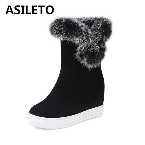 

asileto warm winter snow boots shoes woman height increase fur wedge boots platform round toe booties botas mujer chaussures, Black