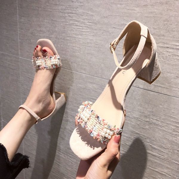 

sandals female 2020 all-match pearl buckle thick heel fairy style high-heeled shoes female, Black