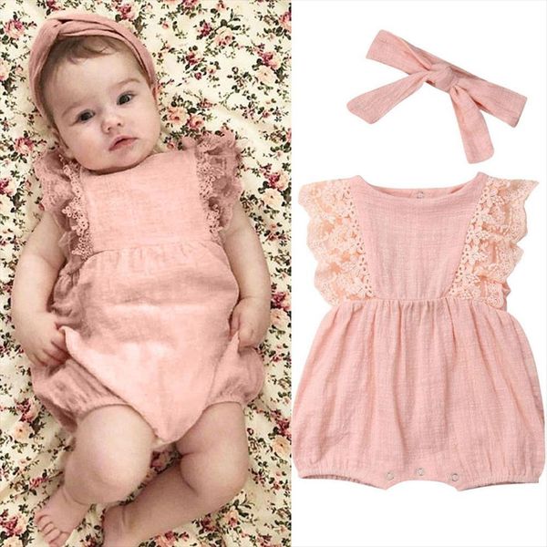 

2019 new arrivals infant kids baby girl sleeveless lace ruffled romper bodysuit hair band infant summer outfit, Blue